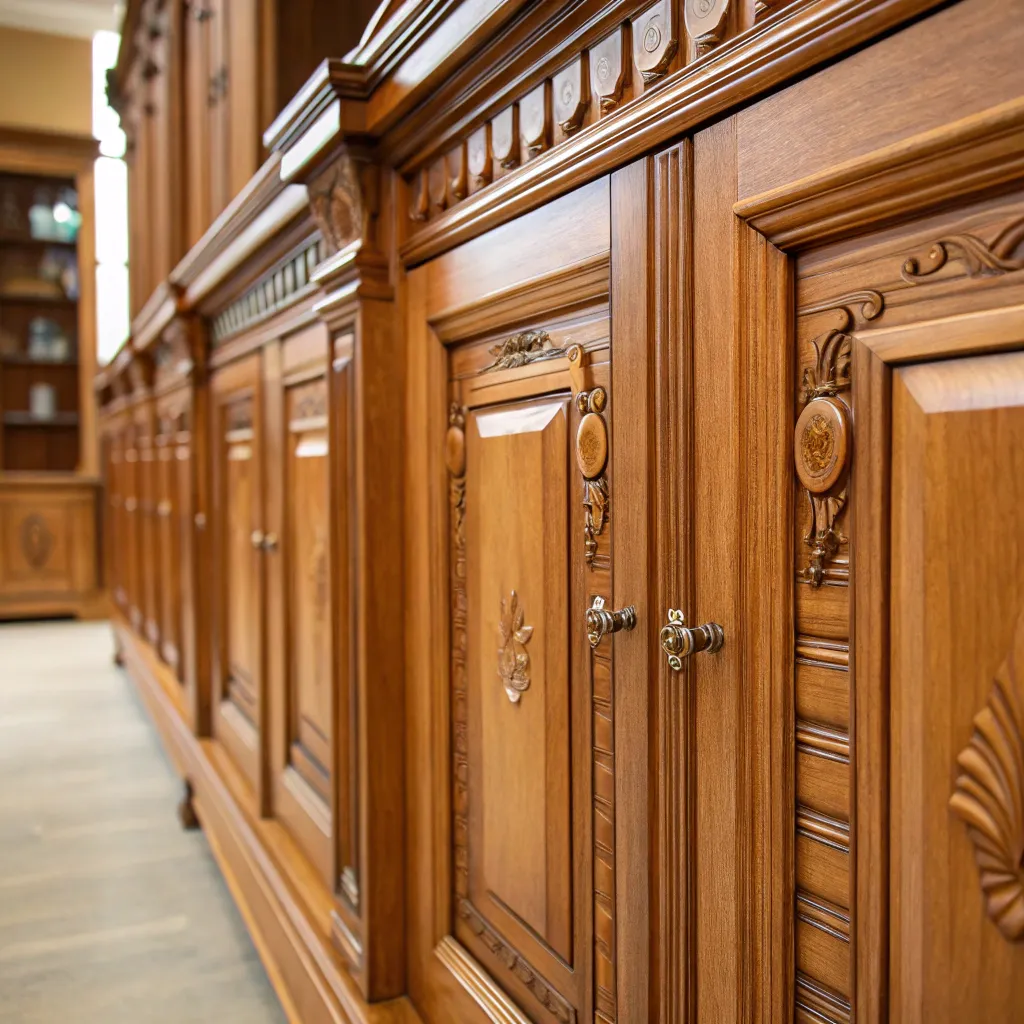 Close-up of finely crafted wooden cabinets